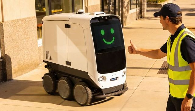 Friendly autonomous delivery robot pausing on sidewalk while worker gives thumbs up