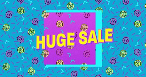 Retro memphis huge sale banner featuring bold yellow typography and vibrant geometric pattern