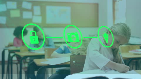Girl Studying in School Classroom with Digital Technology Icons