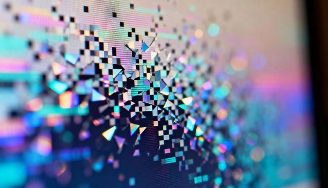 Iridescent holographic pixel shards shimmering in abstract digital mosaic