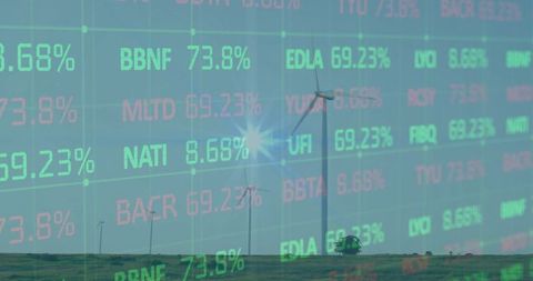 Wind Turbine and Digital Stock Ticker Data Illustration for Renewable Energy