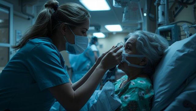 Nurse adjusting oxygen mask for elderly patient in hospital er, compassionate bedside care
