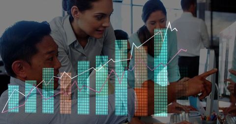 Business team collaborating and analyzing digital data dashboard with rising bar charts