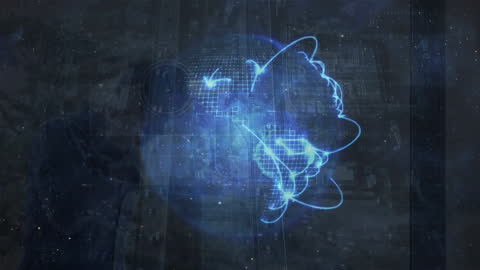 Digital Globe Hologram Overlaying Cityscape at Night