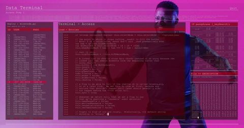 Man presenting code in cybersecurity environment with tech interface