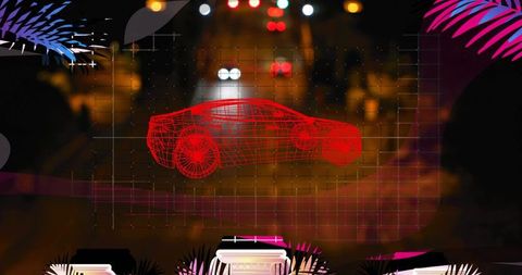 Neon wireframe sedan hovering over grid with bokeh city lights and magenta palms