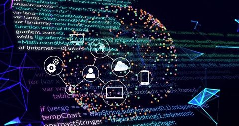 Animating data globe connecting users, cloud, devices with neon code overlay and network