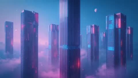Futuristic Skyline with Neon Central Tower in Fog