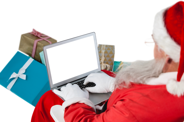 Transparent High Angle View of Santa Claus Using Laptop with Christmas Gifts - Download Free Stock Videos Pikwizard.com