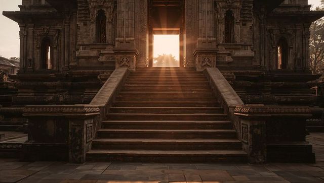 Sunlit ancient temple staircase leading to carved archway with dramatic sun rays at dawn