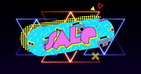 Neon Retro Graphic Featuring SALE Text and Boombox Icons