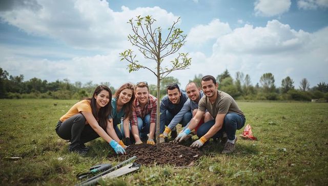 Community volunteers planting young tree in park pressing soil around sapling