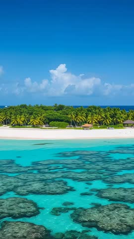 Vertical drone descending over turquoise lagoon revealing coral reef, palm-fringed atoll