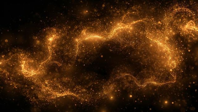 Swirling Golden Particle Ribbon Creating Luminous Glitter Trails Across Dark Cosmic Void