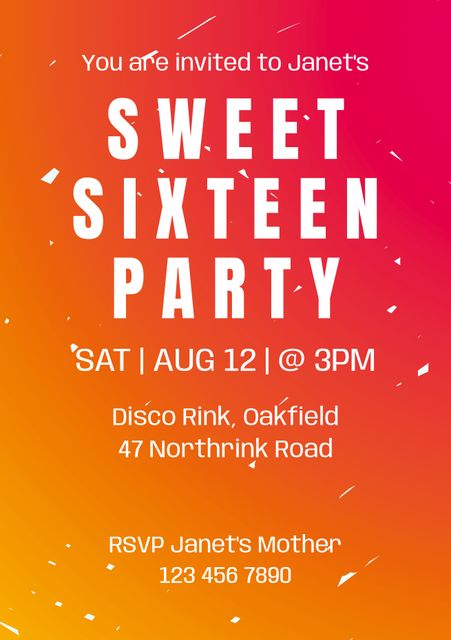 This vibrant and festive Sweet Sixteen invitation is perfect for celebrating a special birthday. It features colorful background, bold text, and festive confetti, making it ideal for modern teenage celebrations. Great for birthday invitations, party announcements, and themed event promotions.