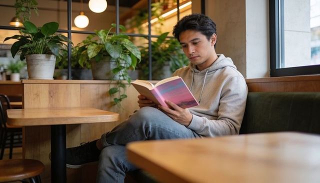 Asian man reading paperback in cozy cafe with plants wooden tables and window light