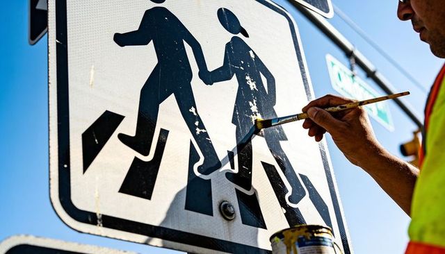 Worker repainting worn pedestrian crossing sign with brush and paint can under blue sky