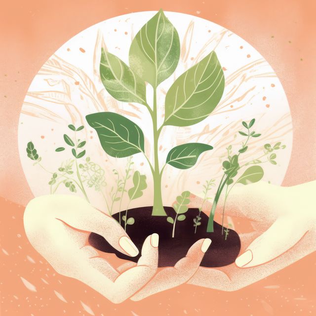 Hands holding small plants conveying growth and nurturing with an abstract background in soft colors. Ideal for concepts relating to sustainability, eco-friendly initiatives, environmental conservation, and natural growth. Can be used for promotional materials, educational illustrations, or decorative designs.