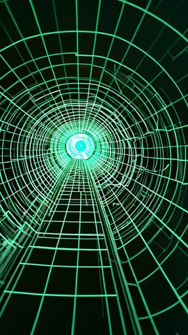 Launching through neon wireframe tunnel toward glowing portal with drifting particle trail