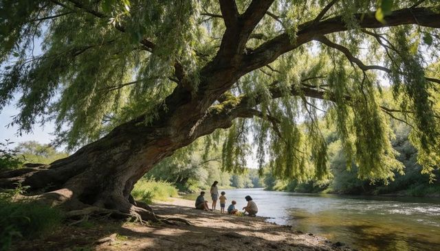 Family playing on rivershore under ancient willow, children skipping stones on pebble beach
