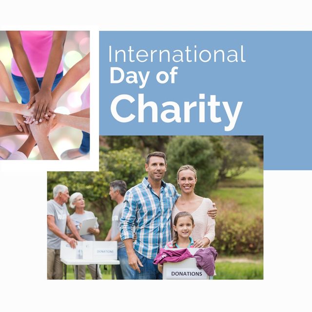 Composition of images with hands of diverse people, caucasian family and international charity day. Charity awareness, helping people in need concept.