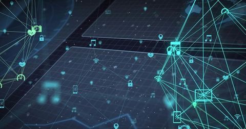 Neon network visualizing iot and data flow with glowing nodes, wireframe grid and icons