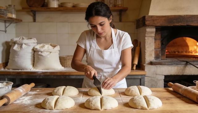 Artisan baker scoring sourdough rounds on floured wooden bench with wood-fired oven