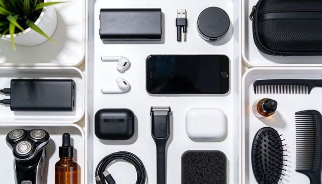 Minimalist grooming and tech flat lay featuring trimmer, wireless earbuds, shaver