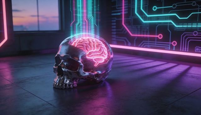 Cyberpunk metallic skull with neon brain streaming data and holographic circuitry