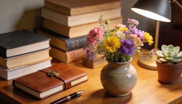 Warm desk lamp illuminating glazed ceramic vase of wildflowers with journal and books