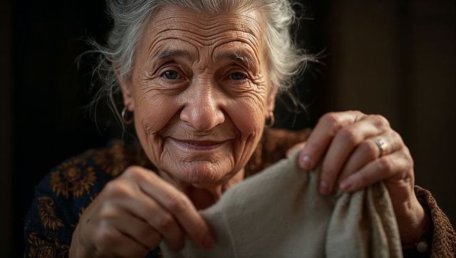 Elderly woman offering beige cloth with warm smile portrait in soft interior light
