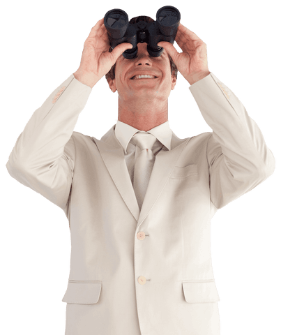 Smiling caucasian businessman using binoculars on transparent background