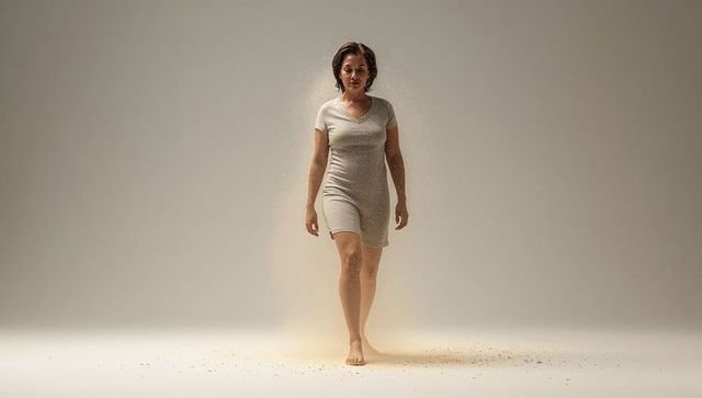 Walking barefoot woman in light-gray dress stirring fine dust on pale minimalist studio floor