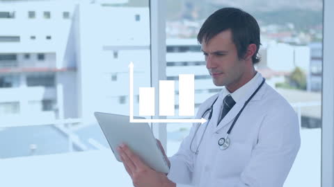 Male Doctor Analyzing Data on Tablet with Futuristic Graph Overlay