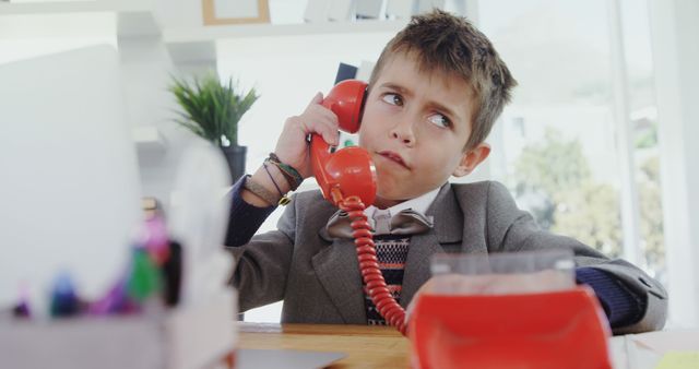 A young Caucasian boy dressed as a businessman is talking on a red telephone, with copy space. His expression suggests he is engaged in a serious or confusing conversation, adding a humorous touch to the image.
