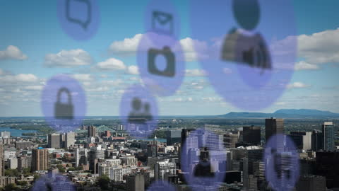 Digital Networking Icons Overlay on Urban Cityscape Skyline