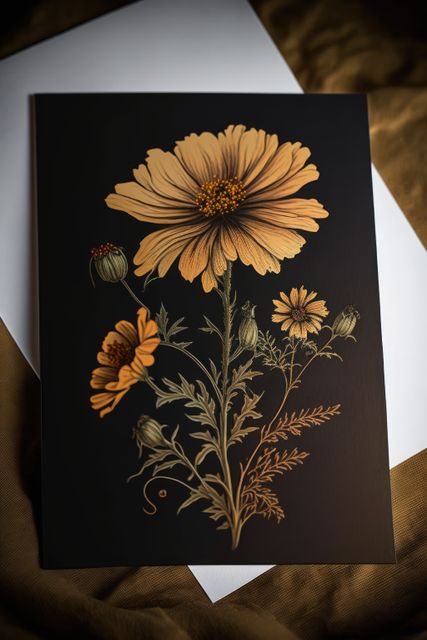This detailed vintage botanical illustration features yellow flowers on black background, perfect for use in nature-themed designs, home decor, art prints, and educational materials.
