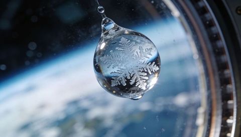 Floating droplet revealing intricate snowflake crystal on orbital spacecraft window