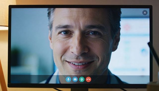 Smiling man on video call close-up on monitor with teleconference icons and interface
