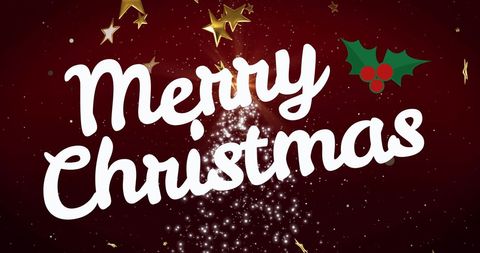 Festive Merry Christmas Greeting with Stars and Holographic Tree