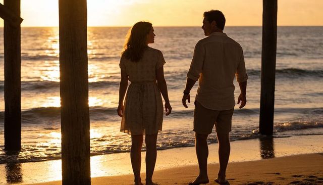 Couple standing under pier at sunset on beach backlit silhouettes romantic moment