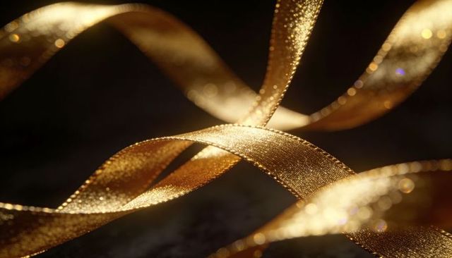 Golden ribbon loops glittering macro background with bokeh and metallic texture