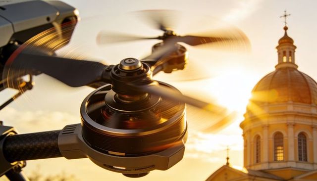 Drone motor spinning close-up at historic church dome with golden sunset lens flare