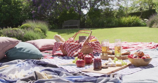 Bright summer day in a lush green park with a picnic setup. A picnic basket filled with food such as sandwiches and fresh fruits is placed on a checkered blanket. Drinks, bowls of snacks, and casual cushions add to the relaxed atmosphere. Perfect image for promoting family outings, park advertisements, summer outdoors promotions, and lifestyle blogs focused on leisure and nature activities.