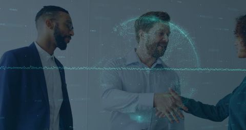 Diverse businesspeople shaking hands in digital data environment