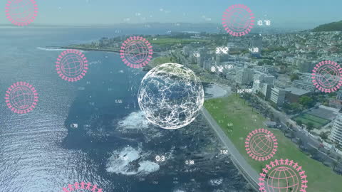 Technology and Network Symbols Overlay Urban Coastal Scenery