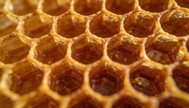 Glistening honeycomb filled with amber honey, macro hexagonal beeswax cells, closeup texture