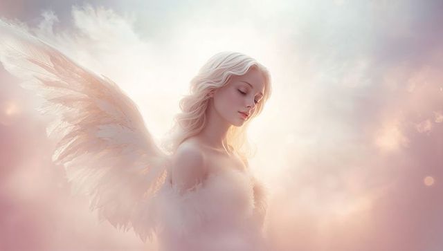 Serene angelic woman with sunlit feathered wings floating in pastel clouds, heavenly