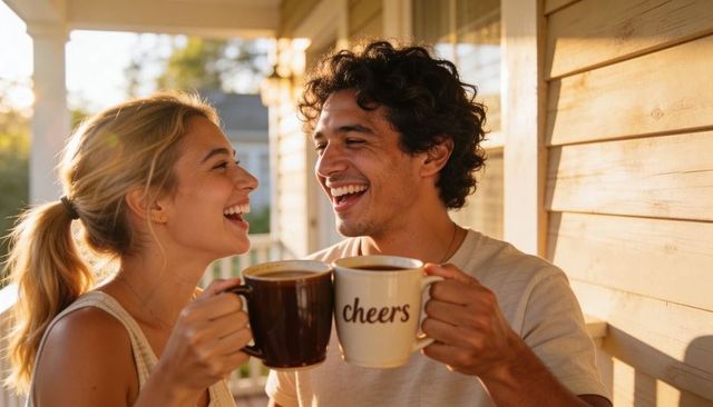 Sunlit couple clinking coffee mugs on porch with 'cheers' mug during golden hour
