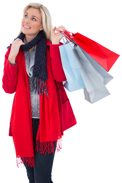 Blonde Woman in Winter Clothes Holding Shopping Bags with Transparent Background - Download Free Stock Videos Pikwizard.com